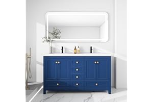 LUCKWIND 60" Bathroom Vanity with Sink, Modern Painted Bathroom Storage Cabinet with Ceramic Basin Sink Top, Faucet and Drawers, Mirror is Not Included, Navy Blue