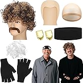 Janinka 8 Pcs Funny Christmas Crime Movies Costume Include Afro Wig Fake Mustache Bald Cap Tooth Braces Half Finger Mitten Wide Knit Headband Feathers for Christmas Holiday Cosplay Party