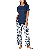 Rooscier Women's Pajamas Set Short Sleeve Crewneck Shirt Top With Long Pants Sleepwear
