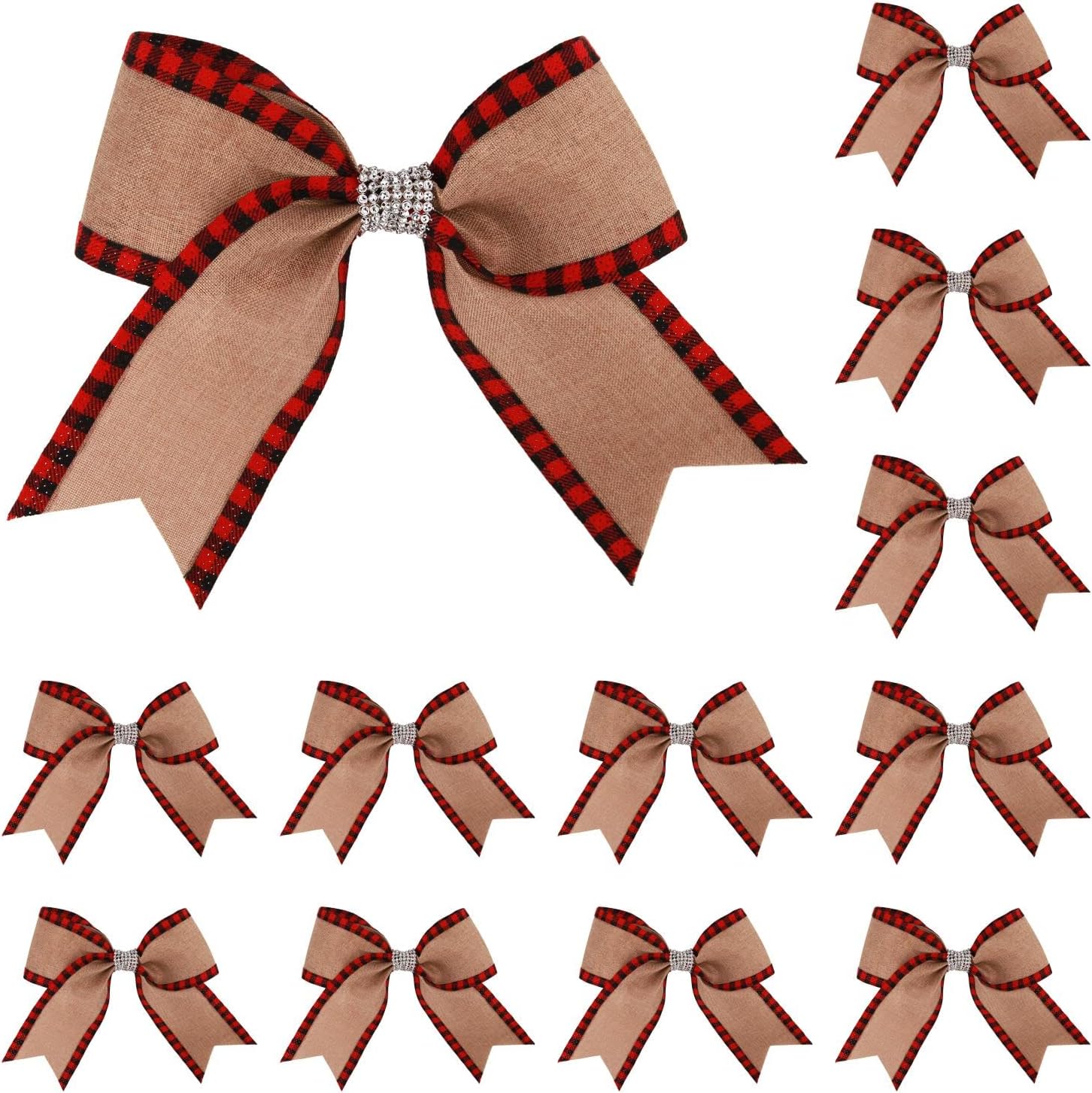 Bows & Ribbons - Meseey 12 Pcs 7 Inch Burlap with Red and Black Buffalo Plaid Check with Diamond Silver Rhinestone Ribbon Decorative Wreath Burlao Bow for Halloween Thanksgiving Christmas Tree Decorations