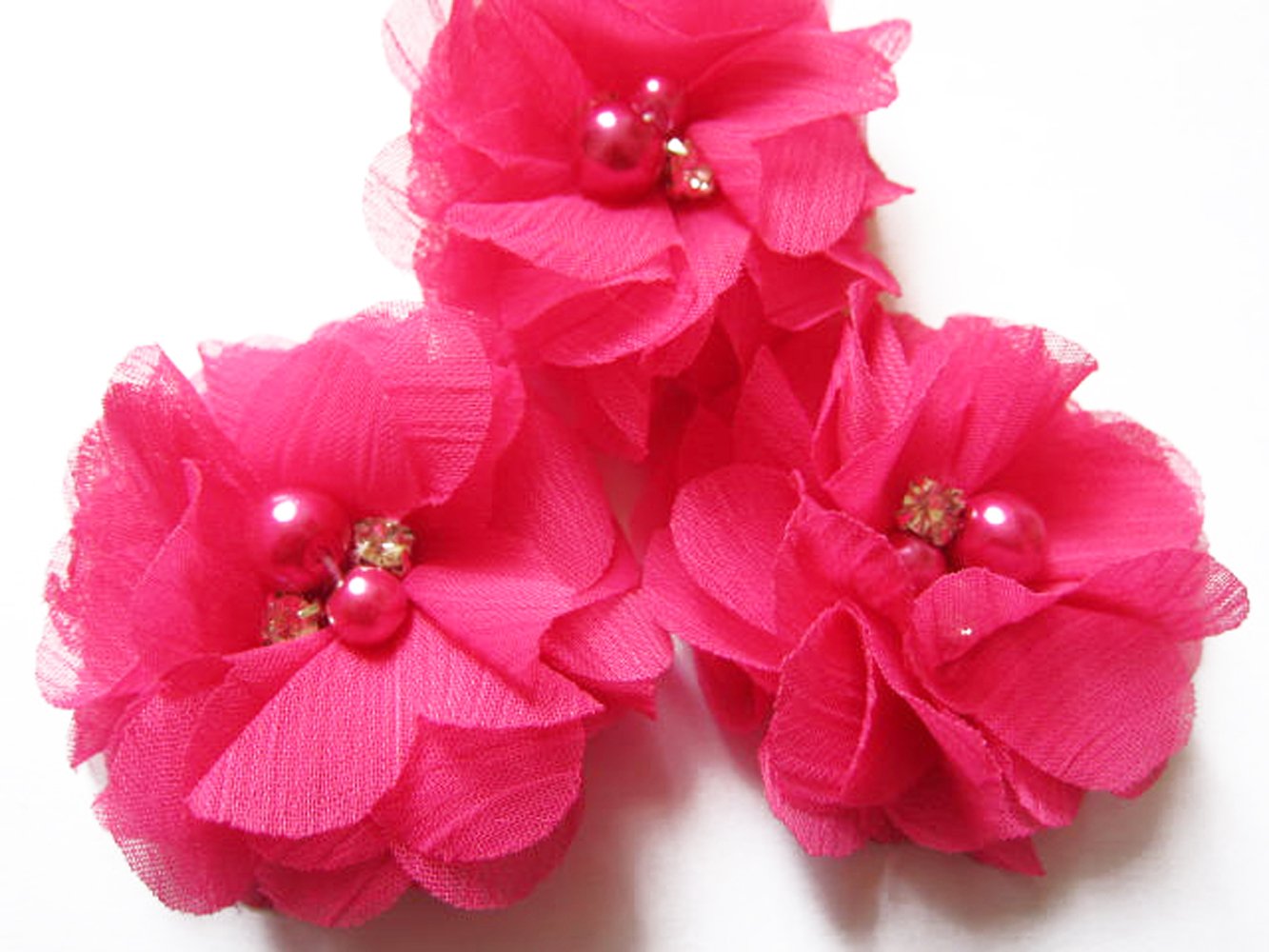 YYCRAFT Pack of 20 Pieces Chiffon 2" Flower Rhinestone Pearl for Craft Projects-Fuschia
