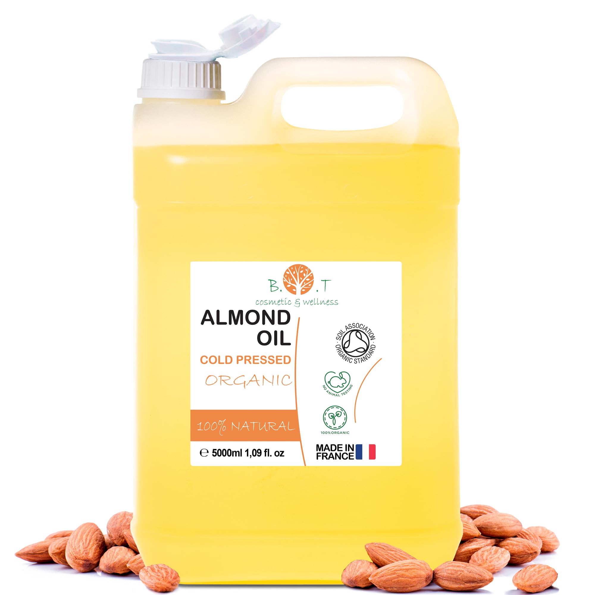 Almond Oil: Organic, Cold Pressed, Pure, Natural. Massage Oil (Carrier Oil) Hair Oil, Body Oil (Nail & Cuticle Oil) Face Oil (Anti Aging), Ear Oil, Pregnancy Stretch Mark & Baby Oil - 5000 ml 5 L