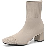 AHZEHRSE Ankle Boots for Women Dressy Comfy Knit Sock Booties Square Toe Chunky Heel Slip on Elastic Fall Booties