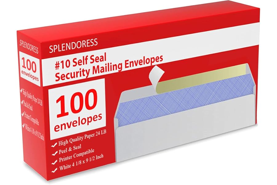 #10 Envelopes Letter Size Self Seal | 100 Business Mailing Security Peel and Sealing Envelope | 100% Tinted | no 10 White Windowless Legal Regular Plain Envelops Pack | 4-1/8 x 9-1/2 Inches | 24 LB