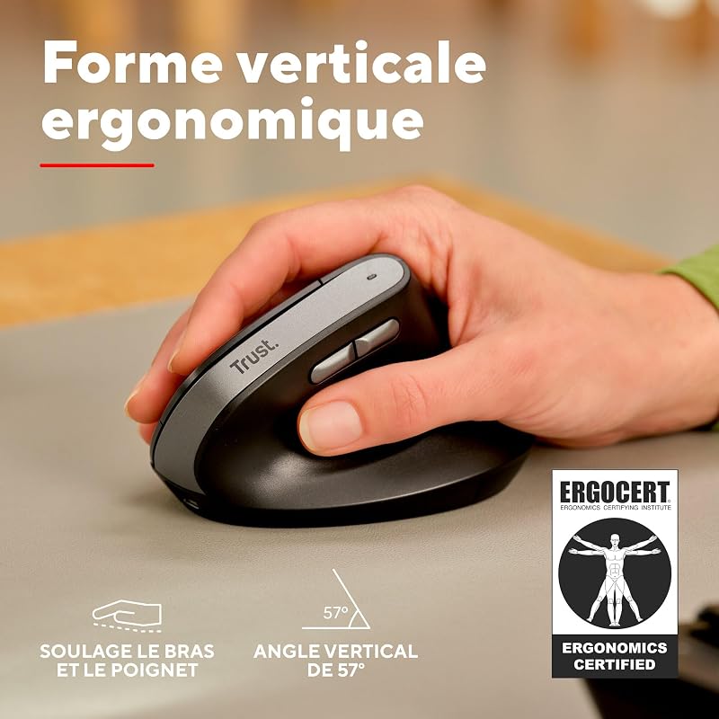 Yuno Souris Ergonomique sans Fil, Souris Verticale Rechargeable, Noir