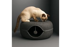Okoco Cat Tunnel Bed for Indoor Cats Large, 24" Peekaboo Cat Cave Donut Bed for Pets up to 45lbs, 2-in-1 Round Tube with Hanging Ball Toy & Removable Machine Washable Parts (Dark Gray)