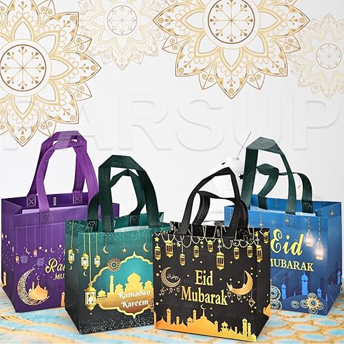 8 Sacchetti Regalo Eid Mubarak In Tessuto Non Tessuto Con Manici - Tote Per Ramadan E Feste Islamiche - 5