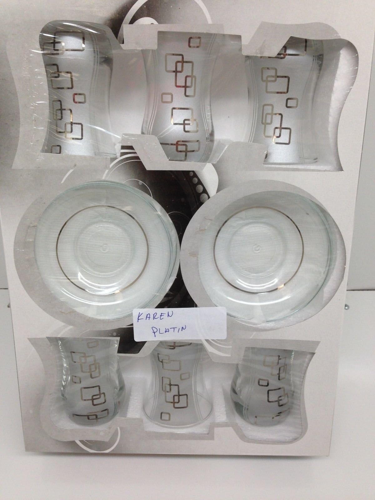 Emir Glass Lux Hand Made Tea Set "Karen Platin"6 Glass 6 Plate