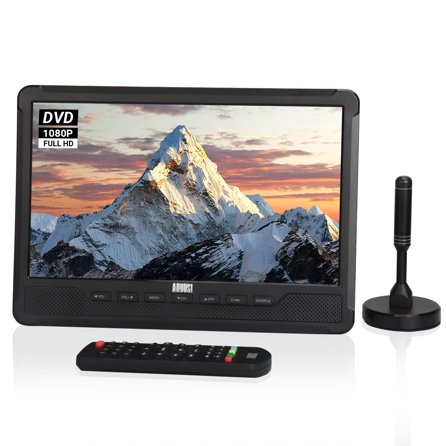 August DA383-10“ tragbarer HD Fernseher mit DVD Player&integriertem Akku-DVB-T2 mini LCD TV mit EPG/Aufnahmefunktion (PVR), CD/DVD/USB/SD-Karte, HDMI, AV - Aux-Ausgang Perfekt für Wohnwagen Zuhause