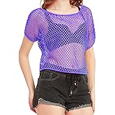 WILDPARTY Women Casual Sexy 80s Costumes Fishnet Neon Off Shoulder Top Mesh Short Sleeves T Shirts Sheer Blouse