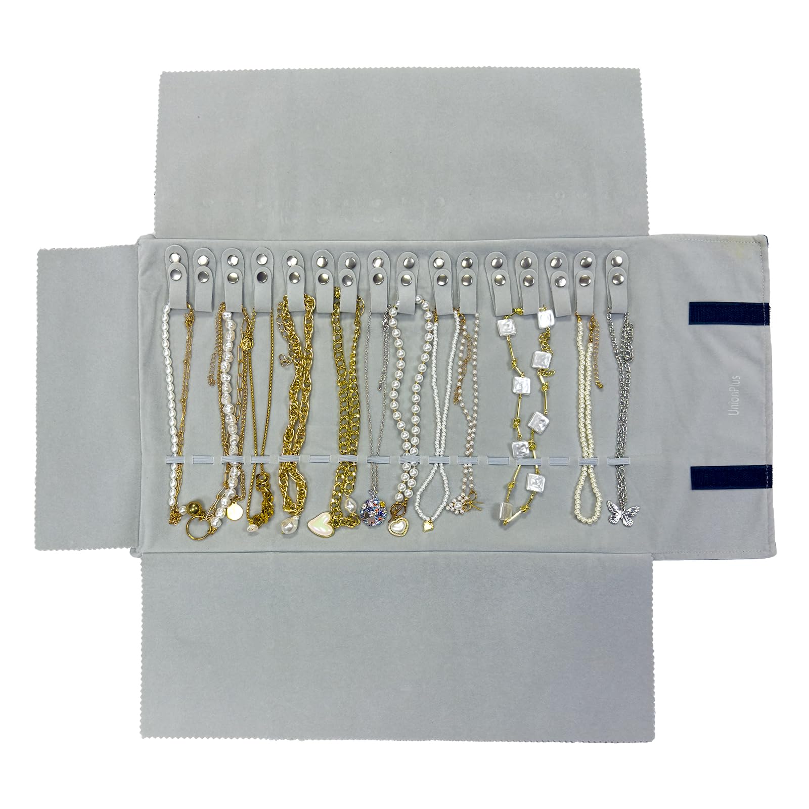 UnionPlus Velvet Travel Jewelry Case Roll Bag Organizer for Necklace Bracelet Earrings, Black and Grey