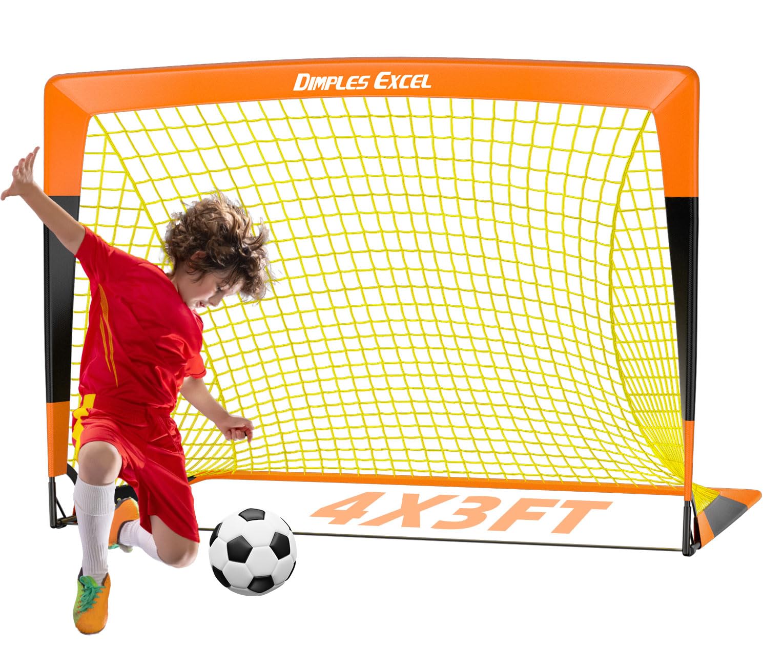 Dimples Excel Pop-Up Football Goal – 4x3FT 1 Goal Black & Orange | Portable & Foldable Garden Net | Great Gift for Football Fans