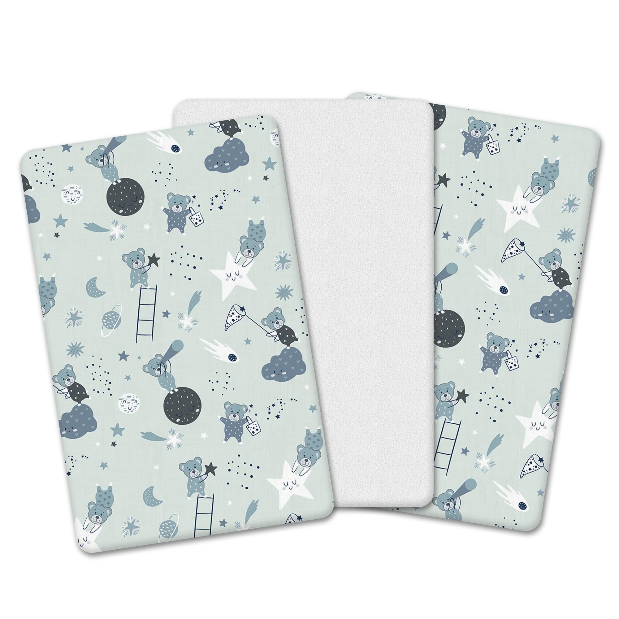 The Perfect Trio (90 x 50 cm) | 2 x 100% Pure Cotton Crib Fitted Sheets & 1 Waterproof Mattress Protector (Grey - Teddy & Stars, 90 x 50 cm)