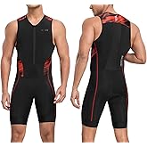 Santic Men's Triathlon Suit Sleeveless Skinsuit Padded Quick-Dry Swim Bike Run with Pockets