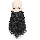 JBCHUCI Men Long Curly Wizard Beard with Elastic Band, Old Man Long Fake Beard Costume for Theater Cosplay, Halloween and Christmas Party (Black)