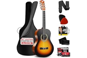 Pyle Beginner Acoustic Guitar Kit, 1/4 Junior Size All Wood Instrument for Kids, Adults, 30" Sunburst Teardrop Matte