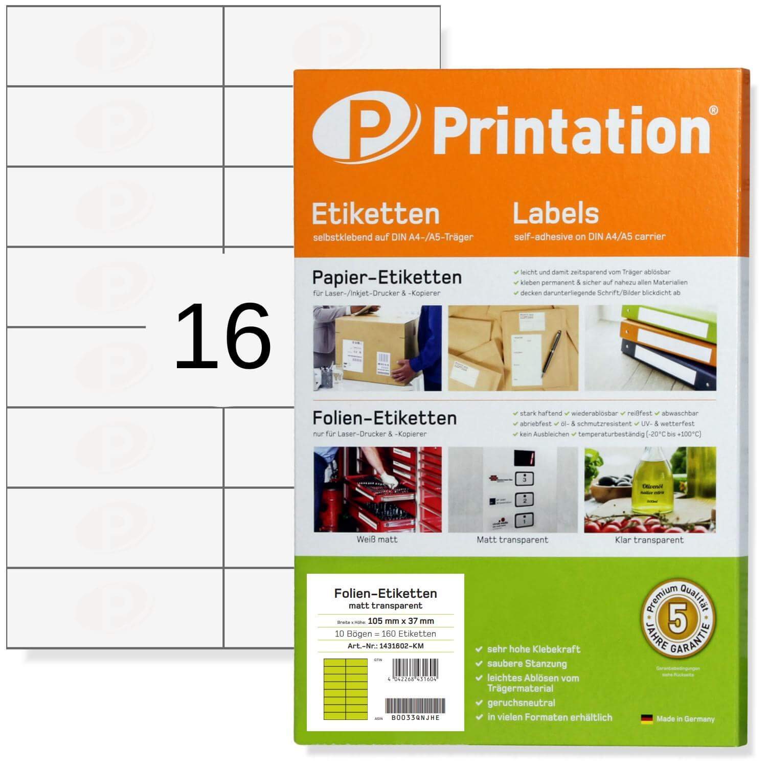Labels 105 x 37 mm Weatherproof Transparent On A4 - 2 x 8 pcs/Page 160 Slides Labels 105 x 37