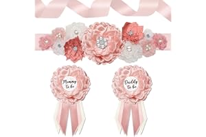 MECHOLEY Baby Shower Maternity Sash Belly Belt, Pink Mom to Be Sash Daddy to Be Corsage Pin Baby Shower Decorations for Girl, Pregnancy Photo Props Supplies,Gender Reveal Decorations