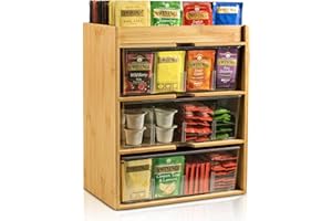 TIMIEEYA Tea Bag Organizer - Bamboo Tea Storage With Drawer 3 Layer, Organizer for Tea Bags Natural Wood & Acrylic for Countertop Office Kitchen Cabinet Pantry