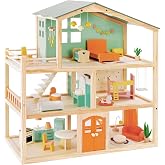 Giant bean Large Wooden Dollhouse with 32 Pcs Furniture Accessories | 3-Story Doll House 5 Rooms Balcony Wooden Stairs, Ideal Dollhouse Toy Christmas Gift for Kids Ages 3+, 30" H x 28" L x 13" W