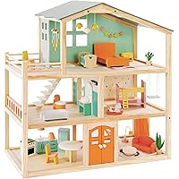 Giant bean Large Dreamy Wooden Dollhouse for Girls with 32Pcs Furniture Accessories, 3-Story Doll House 5 Rooms Balcony Woode