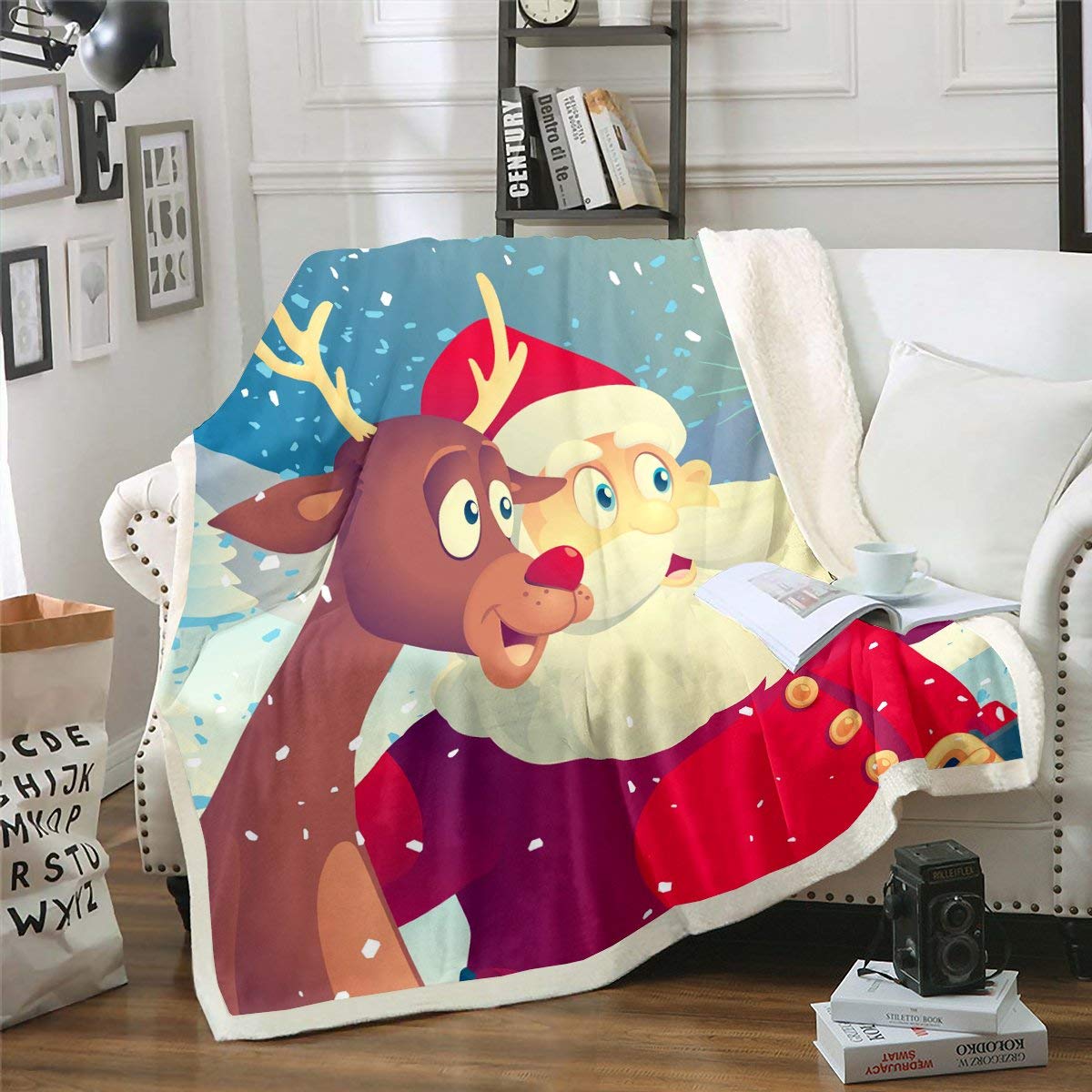 Greneric Christmas Sherpa Blanket, Funny Santa Claus Throw Blanket Single Size For Kids Boys Girls Teens, Cute Deer Animal Plush Bed Blanket Snow Winter Cartoon Fleece Throw For Child'S Dorm Room
