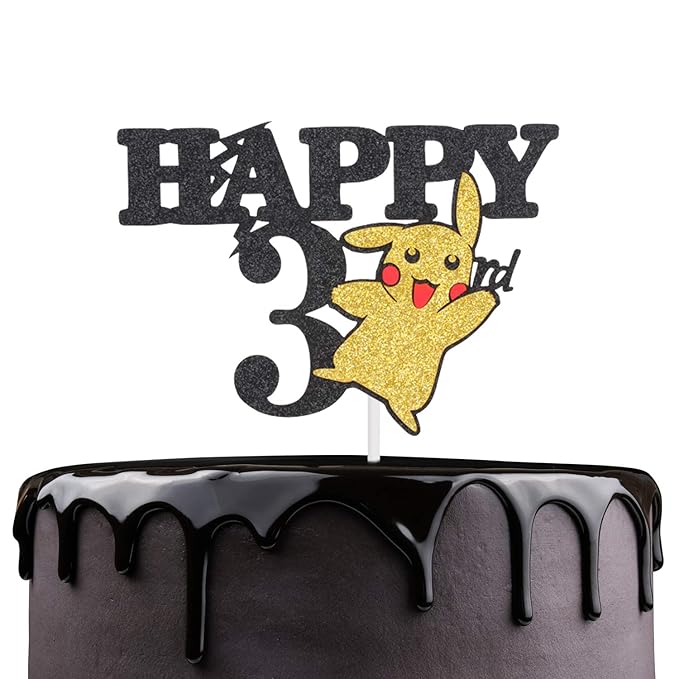 Pikachu Happy 3rd Birthday Cake Topper Black Glitter Pokeman Go