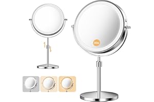 tubbede Makeup Mirror, 1X/30X Double Sided Magnifying Mirror/Switch with 3 Colors, 3200 mAh Rechargeable, 8" Lighted Makeup Mirror with Magnification, Adjustable Brightness, for Vanity or Bathroom