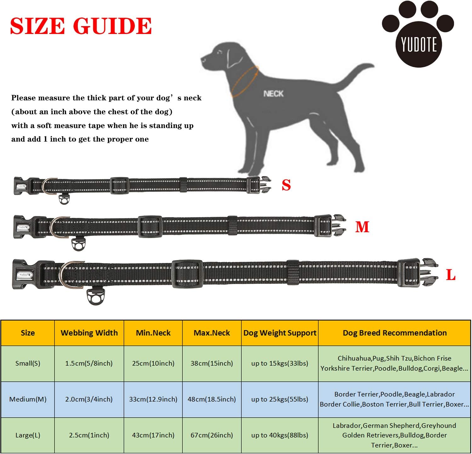 YUDOTE Dog Collar Medium Strong Reflective Nylon Webbing with Soft Comfy Neoprene Padded Linning for Medium Dogs Daily Use,Black - Image 3