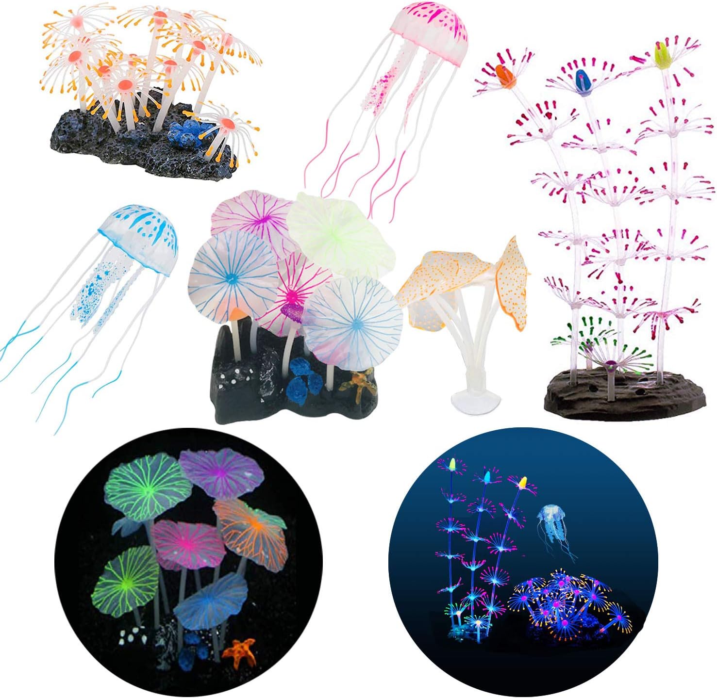 Cayway 6 Pack Aquarium Fish Tank Ornament Glowing Simulation Coral Plant Ornaments Glowing Silicone Aquarium Ornaments Bamboo Lotus for Fish Tank Aquarium Landscape