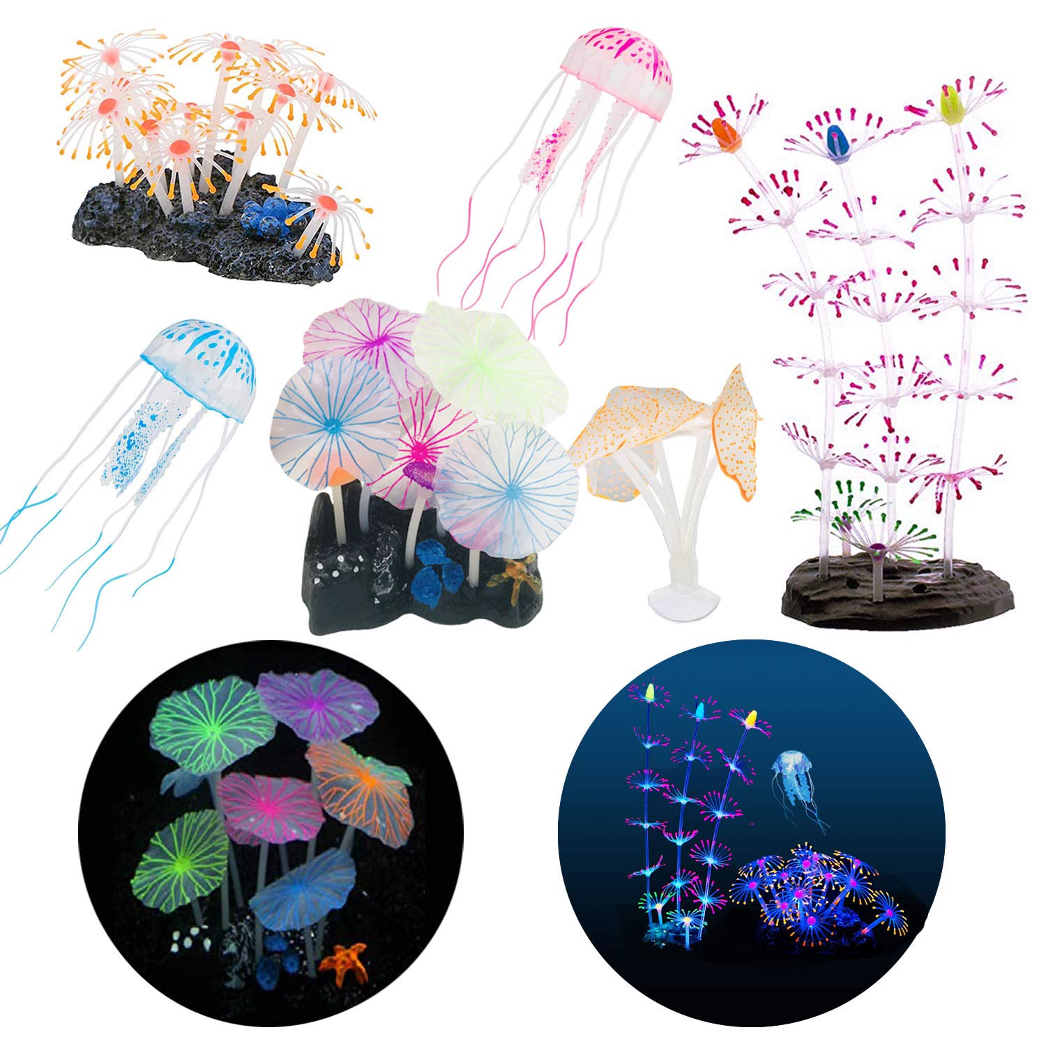 Cayway 6 Pack Aquarium Fish Tank Ornament Glowing Simulation Coral Plant Ornaments Glowing Silicone Aquarium Ornaments Bamboo Lotus for Fish Tank, Aquarium Landscape