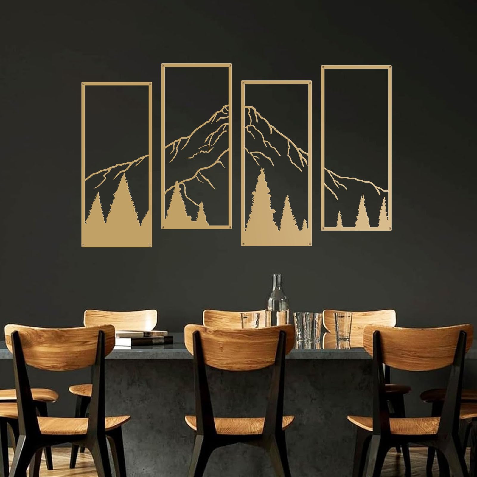 ruelen 4 Pcs Metal Mountain and Forest Wall Decor Line Drawing Wall Art Abstract Minimalist Wall Decor Rustic Nature Home Wall Art Sculpture for Home Office Bedroom Bathroom Living Room (Gold, Small)