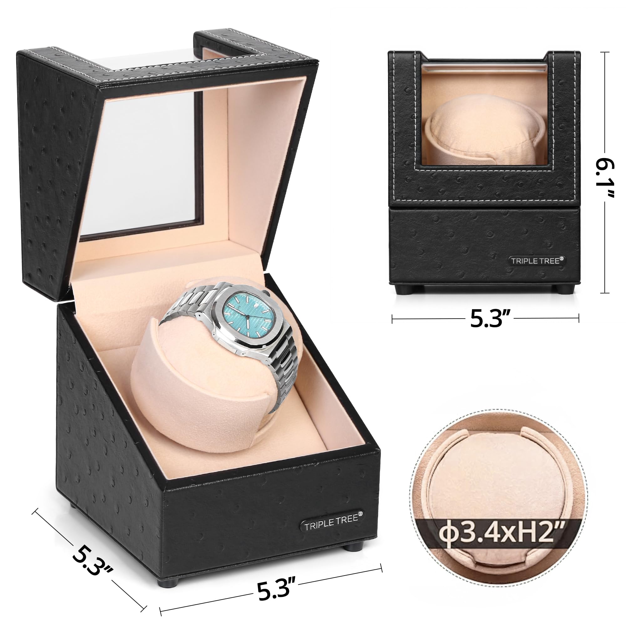 TRIPLE TREE Single Watch Winder for Automatic Watches, with Super Quiet Japanese Motor, 4 Rotation Mode Setting, Flexible Plush Pillow Fit Lady and Man Watches