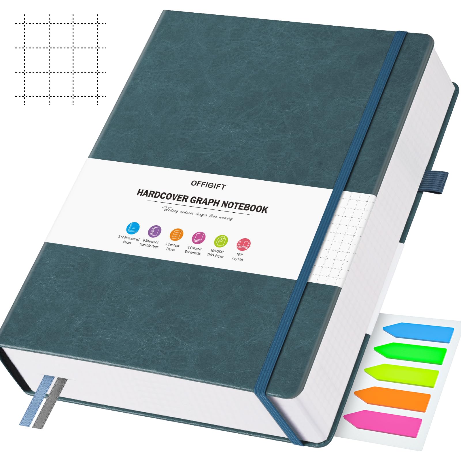 OFFIGIFT Squared Paper Notebook B5, 312 Numbered Pages Hardback Leather Journal, 100gsm No Bleed Grid Notebook with Index Pages, Graph Paper Notebook for Graphing Notes Math, 7.6'' X 10'', Grey Blue