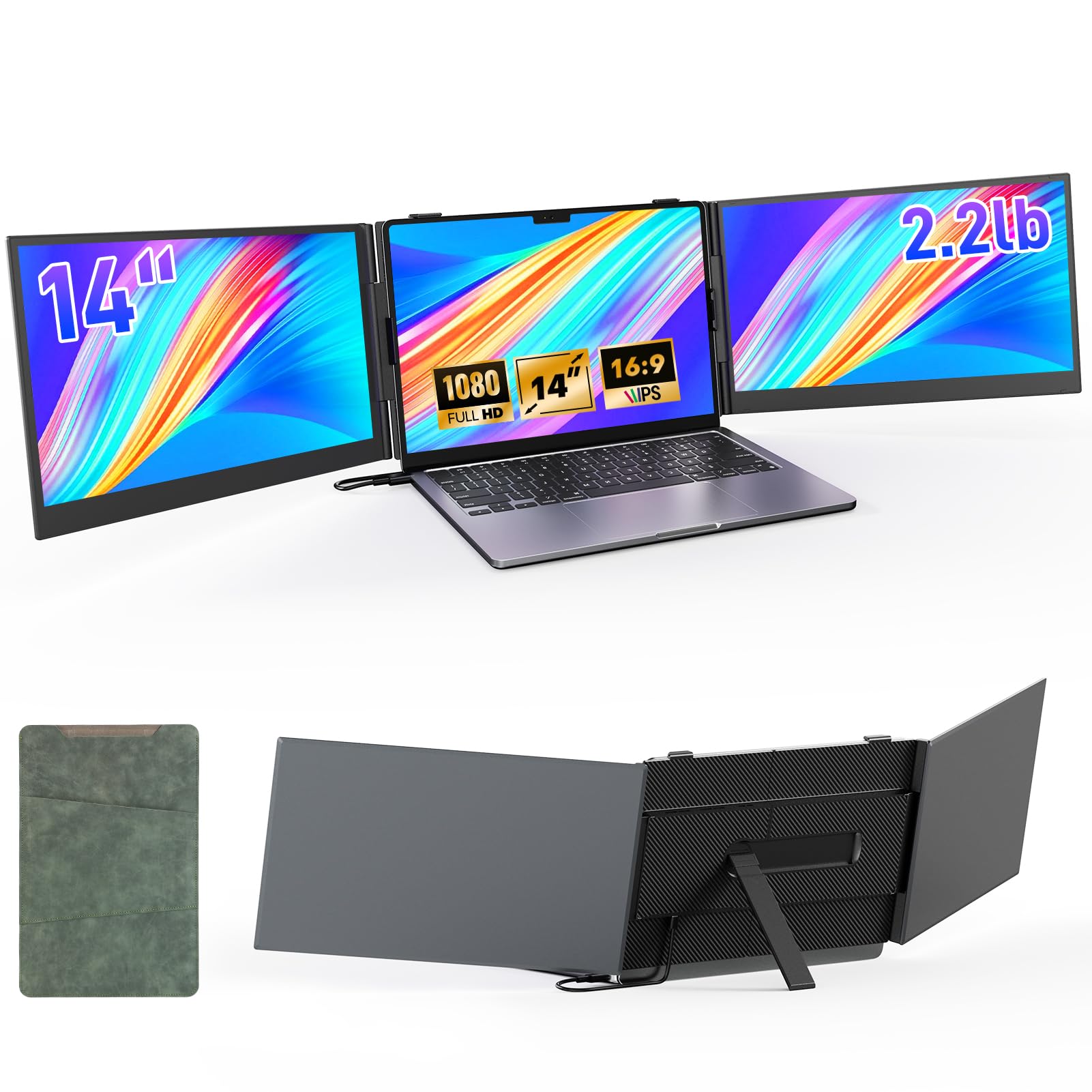 Redalf Extensor de pantalla triple para computadora portátil de 14, monitor IPS FHD 1080P portátil ultrafino y liviano (2,2 lb), USB-C/HDMI Plug & Play, se adapta a computadoras portátiles de 13 a 17,3 para Mac/Windows/Chrome