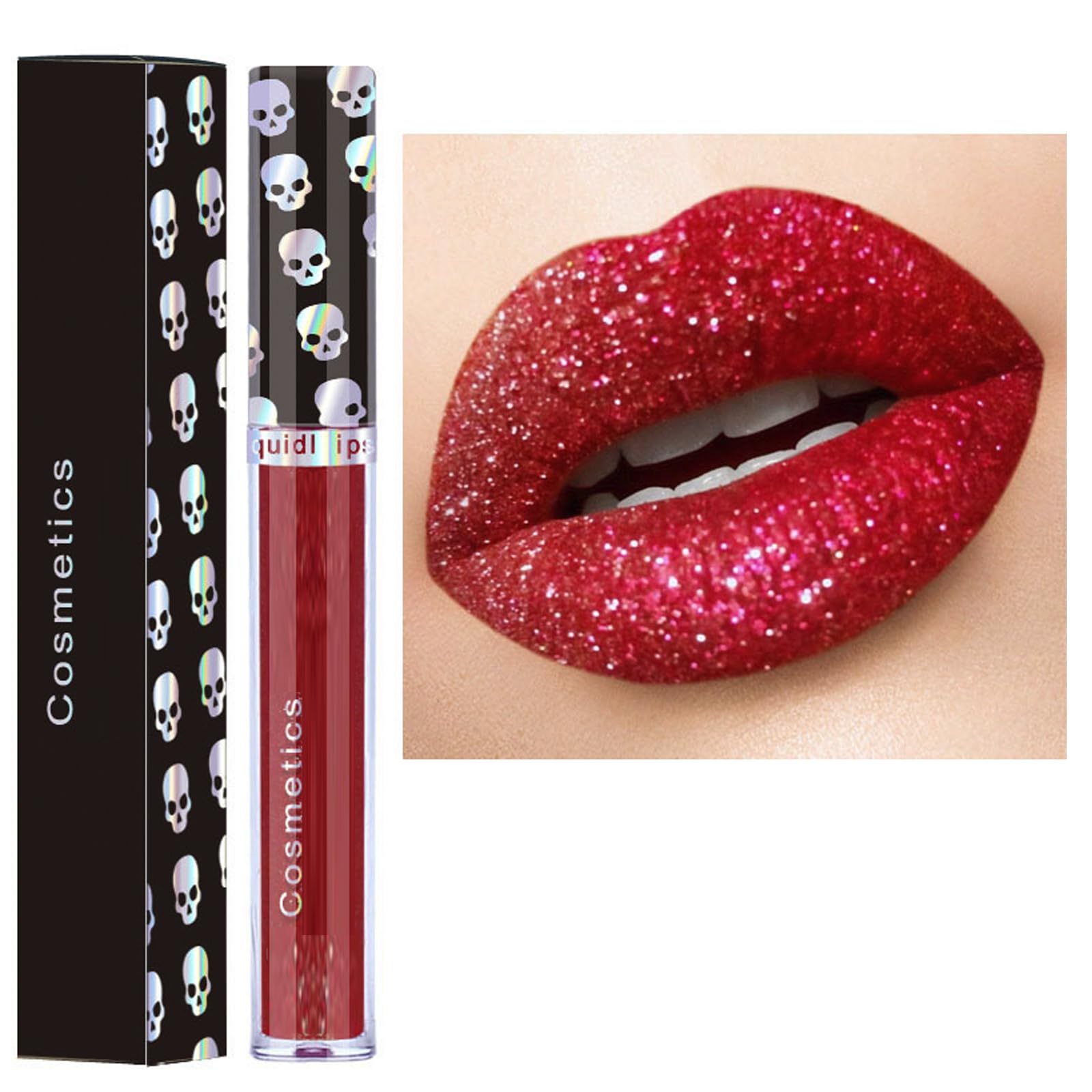Glitter Lip Gloss, Red Lipgloss Lipstick, Plumping Metallic Sparkly Diamond Shimmer Long Lasting Liquid Lipstick, Non-stick Cup Waterproof High Pigmented Lip Gloss Makeup Gift for Women Girls