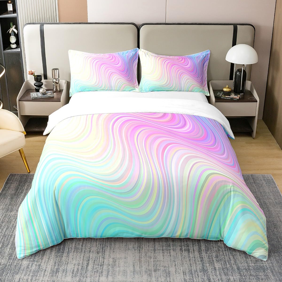 100% Cotton Pastel Rainbow Bedding Set Single Abstract Wave Stripes Duvet Cover Bright Girly Turquoise Blue Pink Purple Marble Trendy Comforter Cover Psychedelic Teen Girl Women Quilt Cover Room Decor