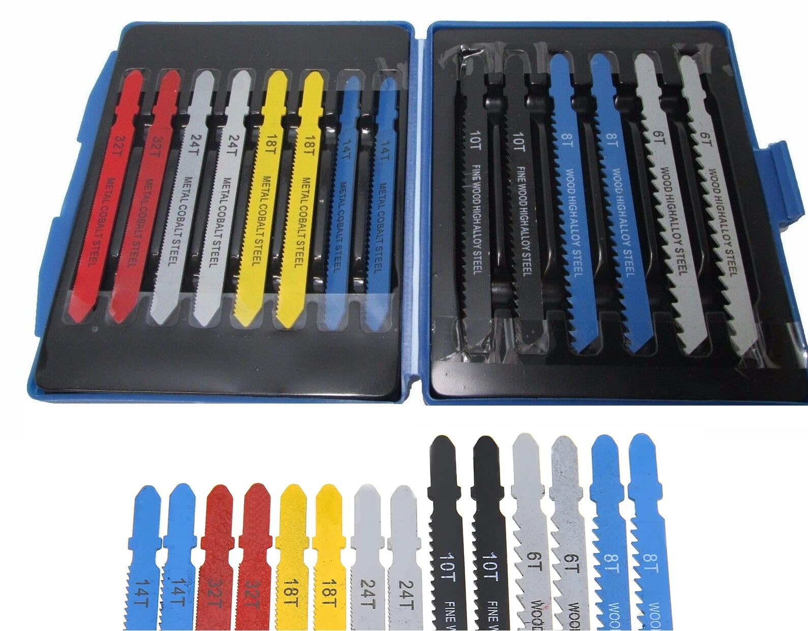 14pc T Fit Jigsaw Blade Set T Fitting Metal Plastic Wood Blades PVC, Plastic, Aluminum, Sheet 6T, 8T, 10T, 14T, 18T, 24T, 32T