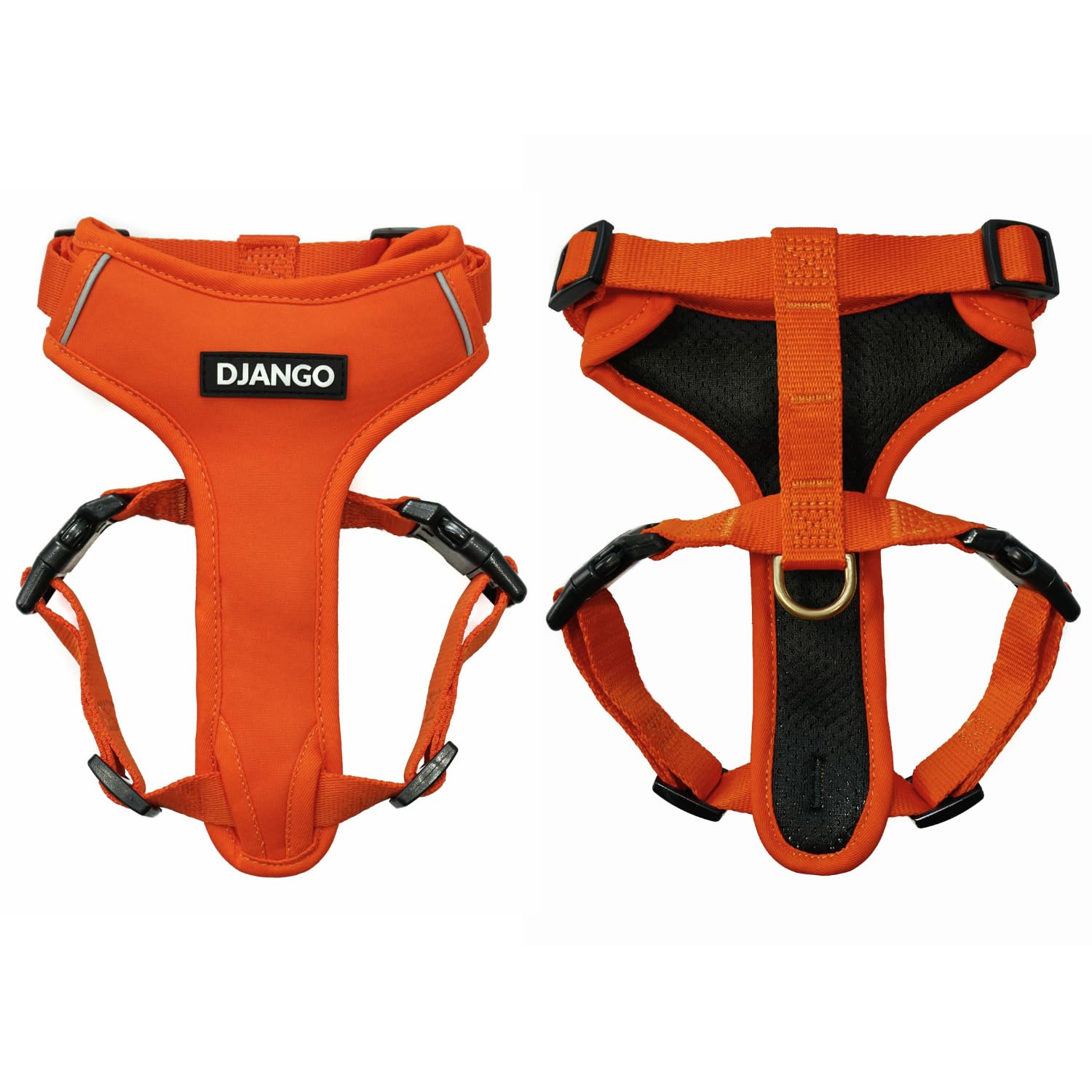 DJANGO Adventure Dog Harness – Comfortable, Durable, and Reflective Neoprene Dog Harness for Outdoor Adventures and Everyday Wear – Adjustable Design with Solid Brass Hardware (Small, Sunset Orange)