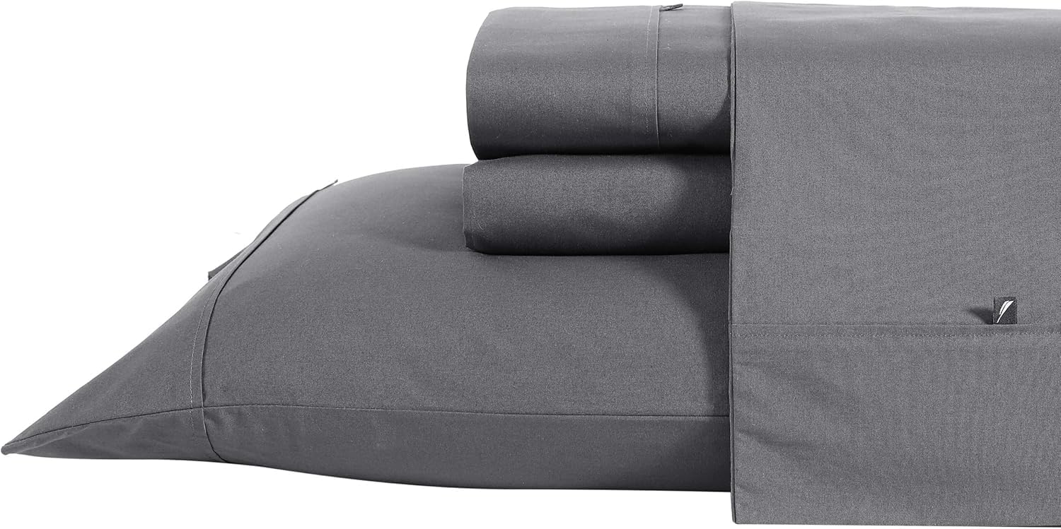 Nautica - Queen Sheet Set, Cotton Percale Bedding Set, Crisp & Cool, Lightweight & Breathable (Whale Grey, Queen)