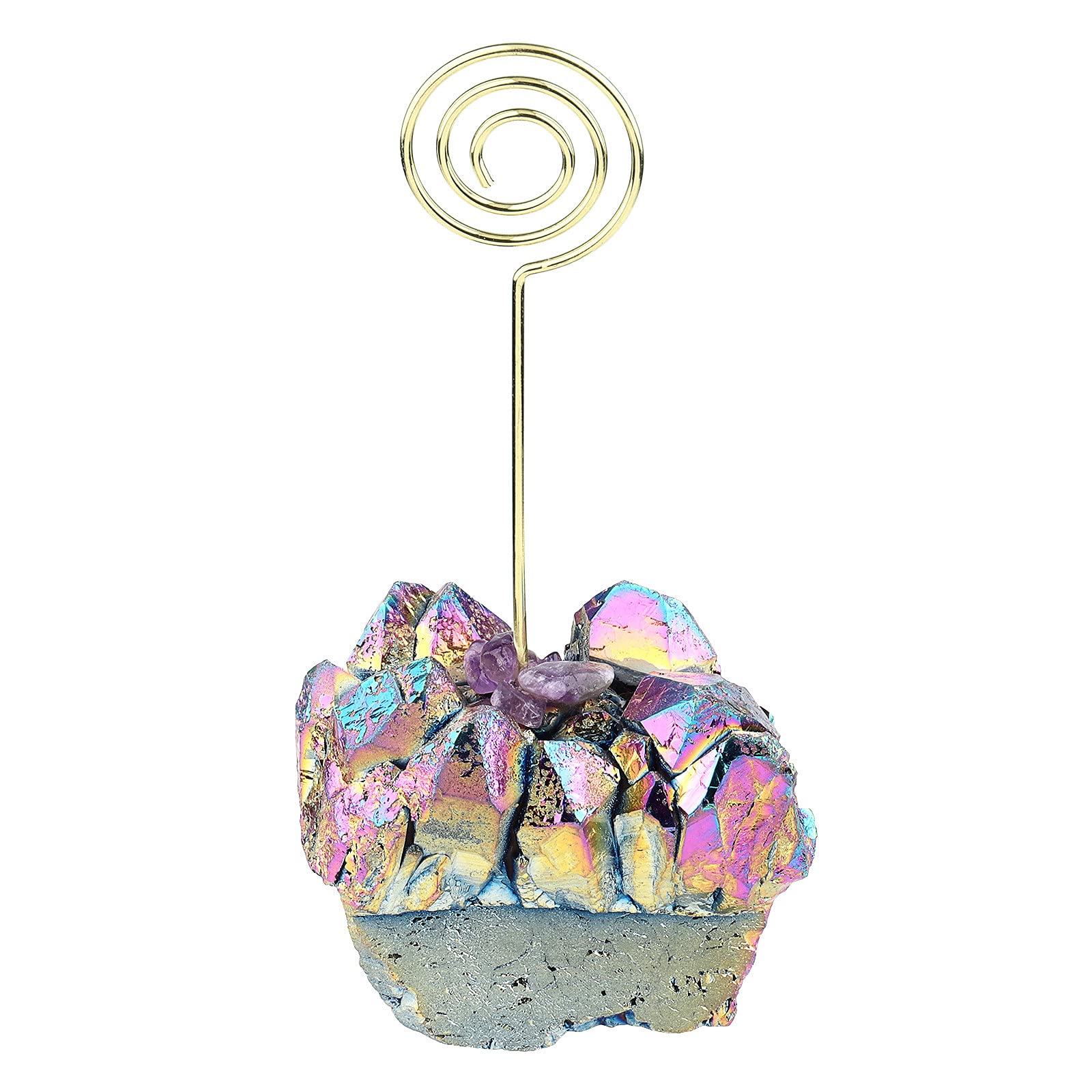 mookaitedecor Rainbow Aura Quartz Crystal Cluster Photo Memo Note Holder Clip Circle Shape, Rainbow Crystal Gift Natural Stone Place Card Holder Stand Party Wedding Name Card Holder Office Home Decor