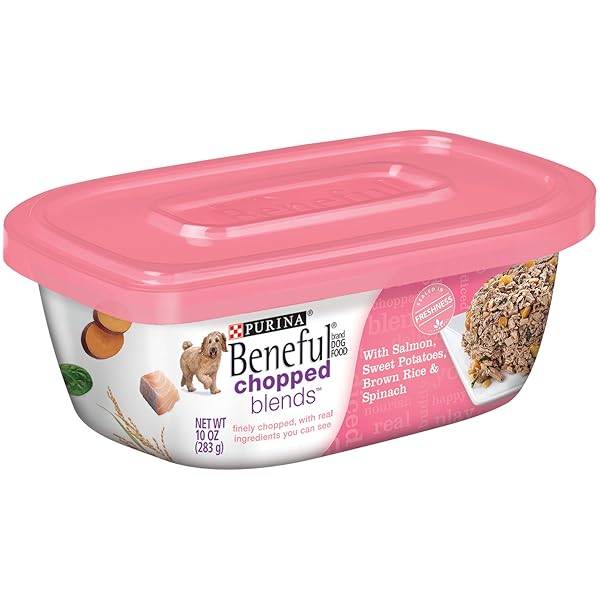 PURINA BENEFUL CHOPPED BLENDS WET DOG FOOD, WITH SALMON, SWEET POTATOES, BROWN RICE AND SPINACH, 10 OZ TUB (8 PACK)