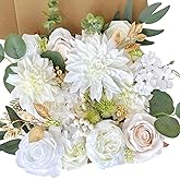 Ivory White Artificial Flowers Combo Box Set Silk Dahlia Roses Gold Leaves Stems DIY Bridal Wedding Bouquets Cake Boho Fake Floral Arrangements Baby Shower Party Table Centerpieces Home Decor Bulks