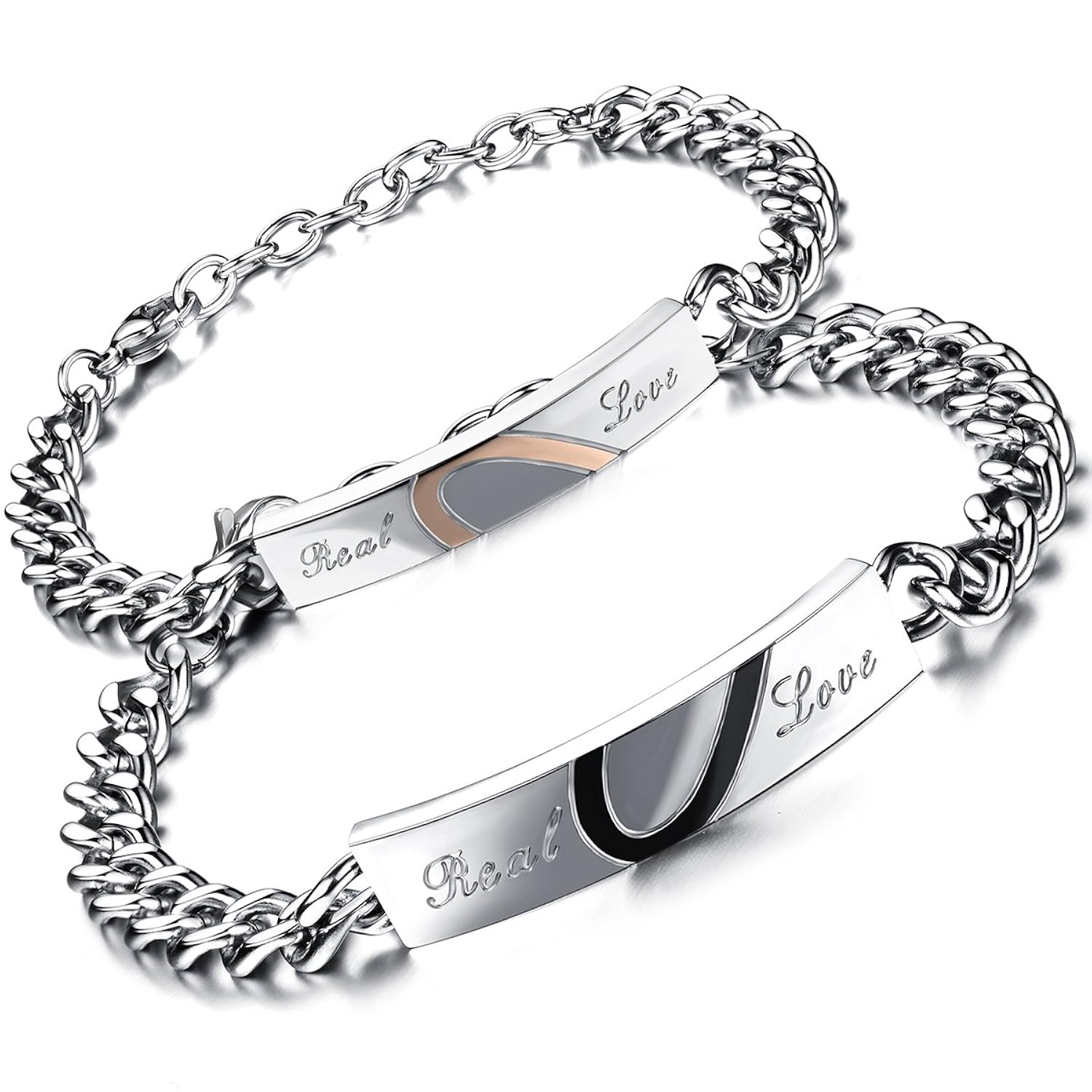 Flongo Pulseras Pareja pulsera His  Hers Completa un Corazón Acero Plata