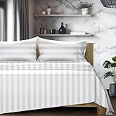 TEXAS LINEN CO. 100% Egyptian Cotton Sheets King Size Set - 1200 Thread Count Egyptian Cotton Luxury Damask Sheets King Size, 17" Deep Pocket, Soft, Cooling Sateen Hotel Bedding Set - White Stripe