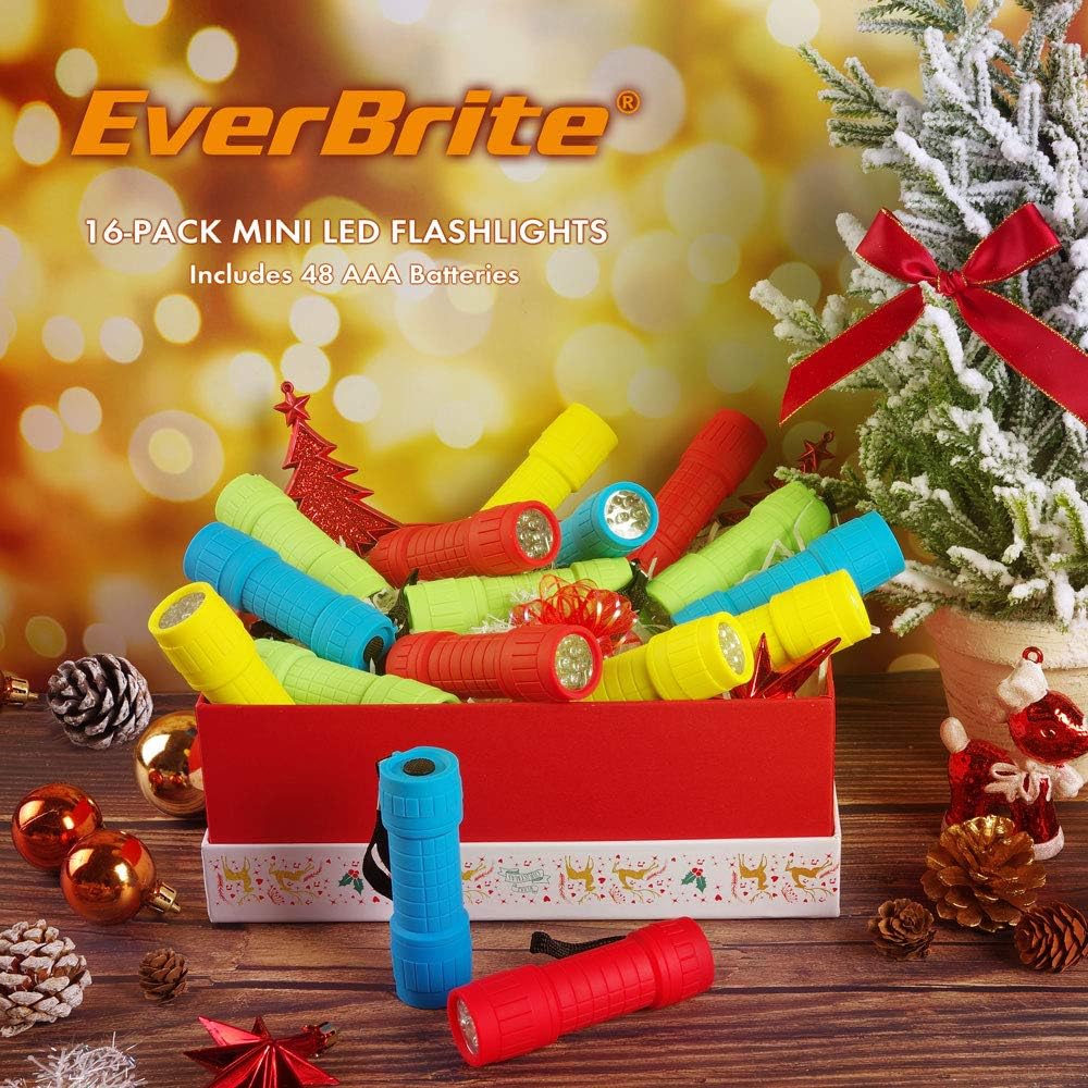 EverBrite 16-pack Mini LED Flashlight Set - Assorted 4 Colors, 48 AAA Batteries Included, for Hurricane Supplies Party Favors, Kids Gift, Camping, Hiking etc - - 