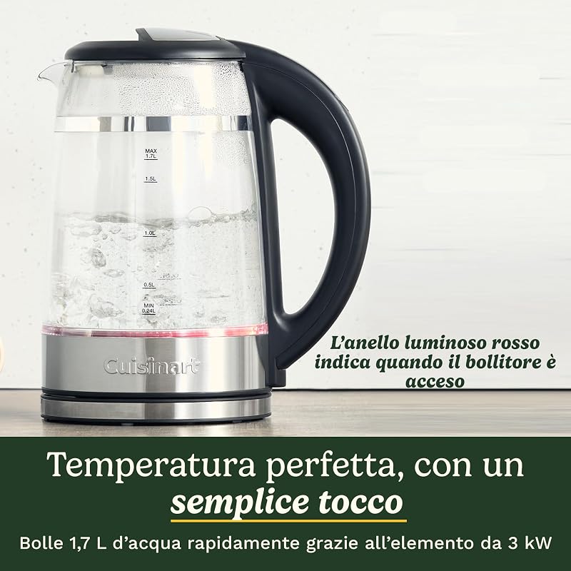 Bollitore in vetro 1,7 L con controllo temperatura variabile, ebollizione rapida 3 kW, design doppia parete, beccuccio antigoccia, base girevole 360°, touch screen, senza BPA