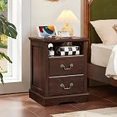 Senfarime Farmhouse Night Stand with Charging Station, Walnut | 2 Drawers End Tables Bedroom, Bedside Table with Rustic Handles &amp; Floor-Standing Thickened Foot &amp; Open Shelf