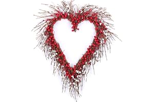 IDYLLIC Heart Wreath Red Berry Wreath Rustic Twig for Door Decorative Classic Indoor Decor 18 Inches Valentine's Wreath, Valentines Day Wreath, Valentines Wreaths for Front Door, Valentine's Day Decorations