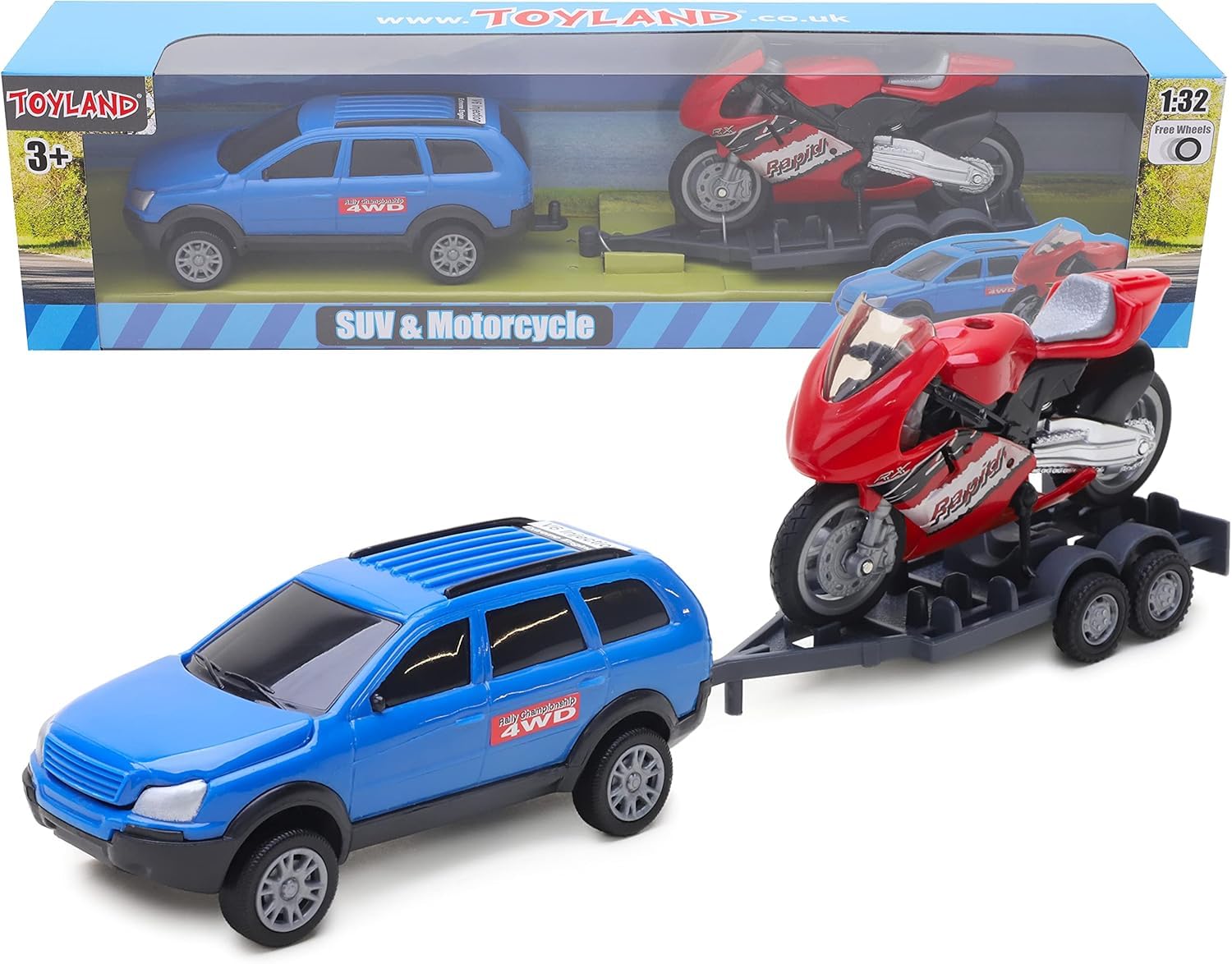 Toyland® 4x4 Car & Motorbike Set -Free Wheels - 1:32 Scale - Play Vehicles (Blue)